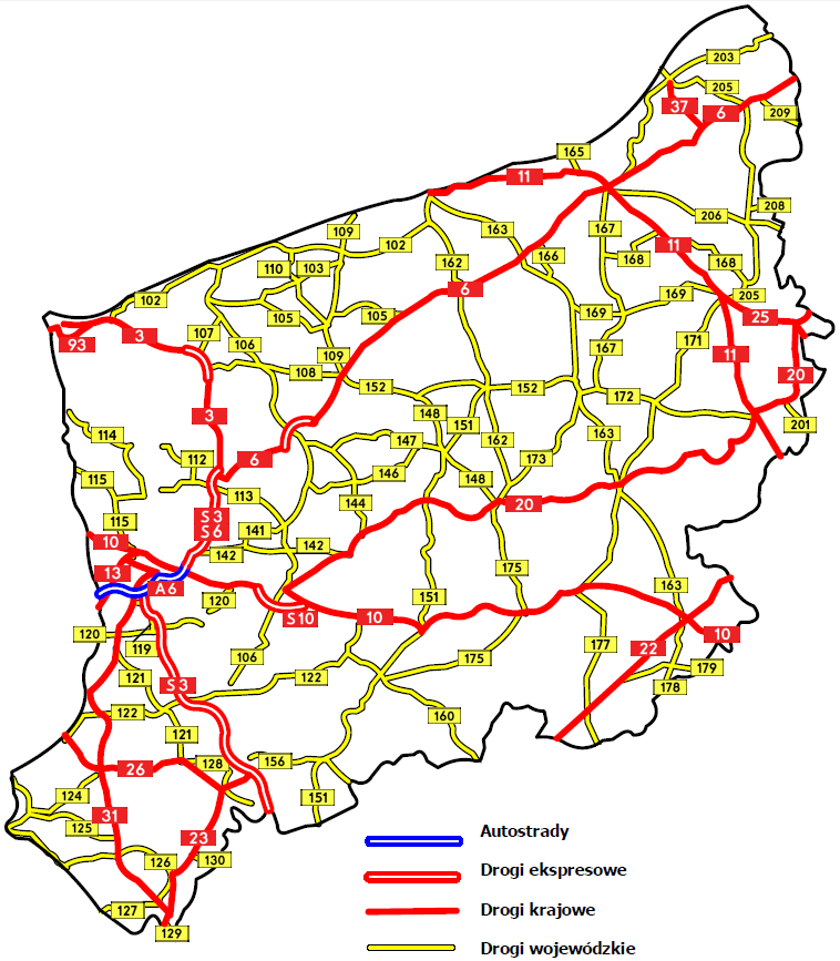 DROGI KRAJOWE Układ dróg krajowych w województwie zachodniopomorskim przedstawia poniższa mapa. Rys. 5.4.2.