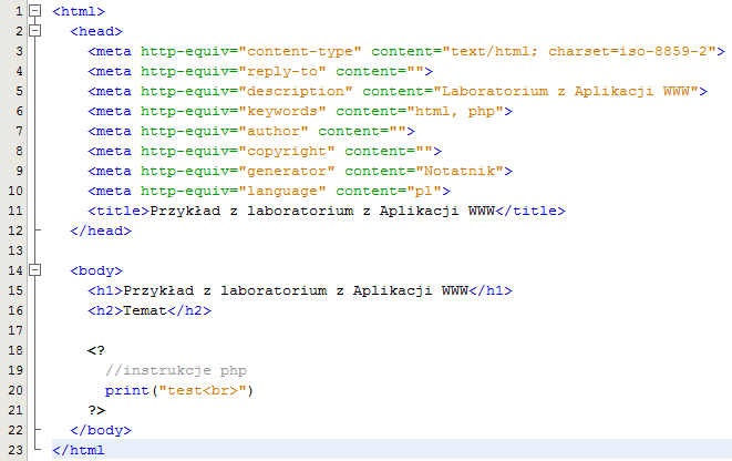 Modele tworzenia aplikacji w Hypertext preprocesor Kod inline analogicznie jak w ASP to kod znaczników HTML/XML i kod aplikacji(właściwy język PHP) w jednym pliku.php.