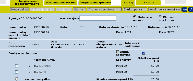 Przykład wystawienia nowego numeru polisy z taryfami zastępczymi 7.