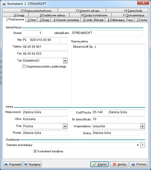Wszystkie dane dotyczące kontrahenta podzielone są na tematyczne zakładki: 1.