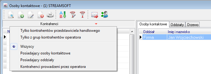 3.4 Osoby kontaktowe Opcja Osoby kontaktowe przeznaczona jest do przeglądania i modyfikacji zbioru informacji o osobach i oddziałach kontrahentów.