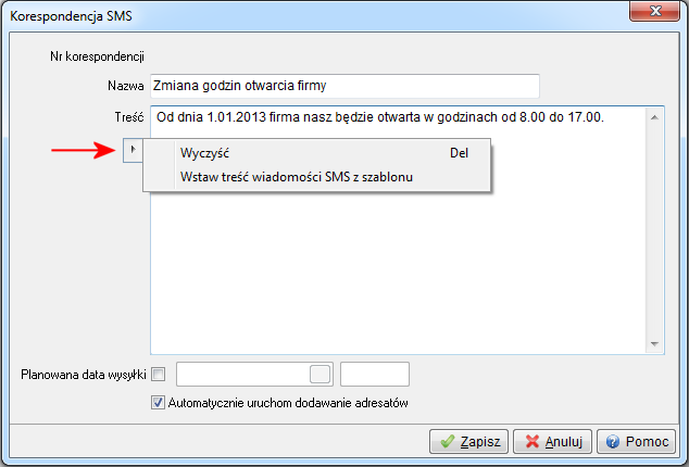 Podczas dodawania nowej korespondencji dostępne jest pole Automatycznie uruchom dodawanie adresów, po zaznaczeniu którego system po zapisie automatycznie uruchomi opcję dodawania adresatów do tej