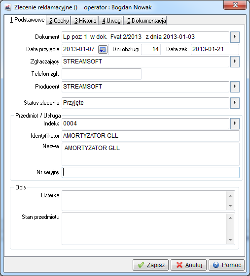 Zlecenia reklamacyjne Dodaj<F3> Okno wprowadzania zlecenia reklamacyjnego zostało podzielone na zakładki takie, jak: Podstawowe, Cechy, Historia, Uwagi oraz Dokumenty.
