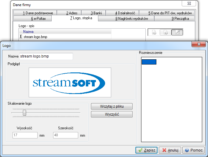 Logo firmy można wczytać z pliku, za pomocą przycisku. Można również określić wysokość i szerokość logo. 4.