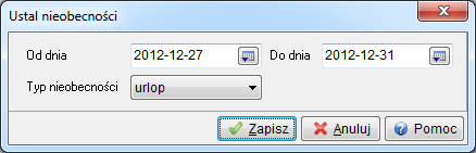 Nieobecności operatora mogą być wpisywane automatycznie przy pomocy funkcji Ustal nieobecności dostępnej za pomocą ikony klawiszy <Ctrl+N>.