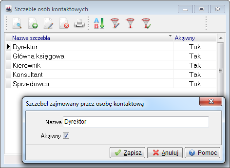 Do słownika Szczeble osób kontaktowych, operator systemu wprowadza nazwy stanowisk.