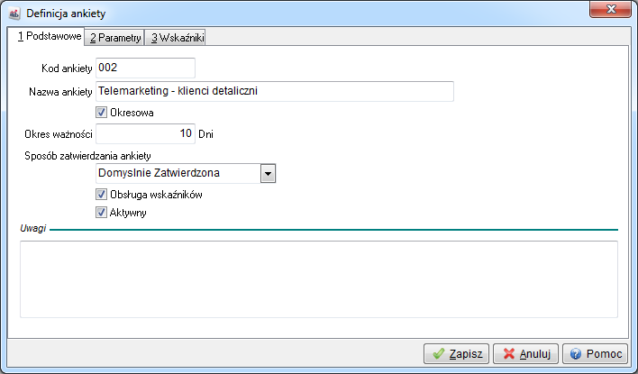2.10.2 Definicje ankiet Definicje ankiet jest to słownik, w którym użytkownik określa możliwe rodzaje ankiet, np. kwestionariusz osobowy, podstawowe informacje o kontrahencie itp.