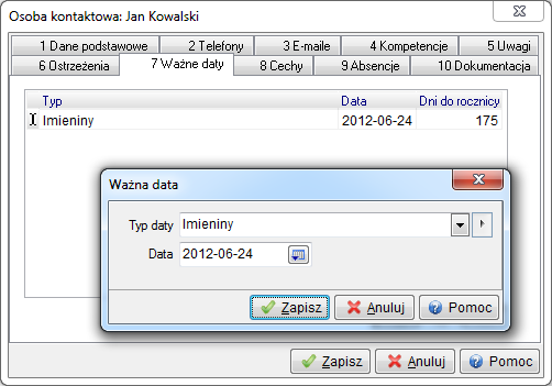 2.12.7 Typy ważnych dat Typy ważnych dat, jest to słownik systemowy, w którym użytkownik może zadeklarować nazwy wydarzeń, uroczystości - takie jak, obchodzone co roku, urodziny lub imieniny itp.