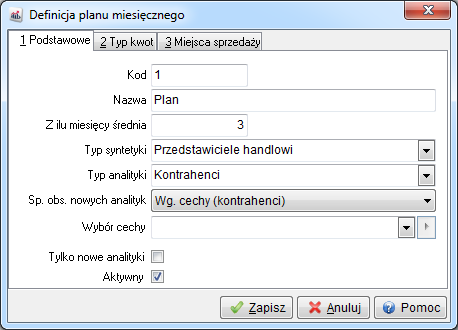 Na zakładce Podstawowe należy uzupełnić kod, nazwę oraz z ilu miesięcy ma być liczona średnia dla planu.
