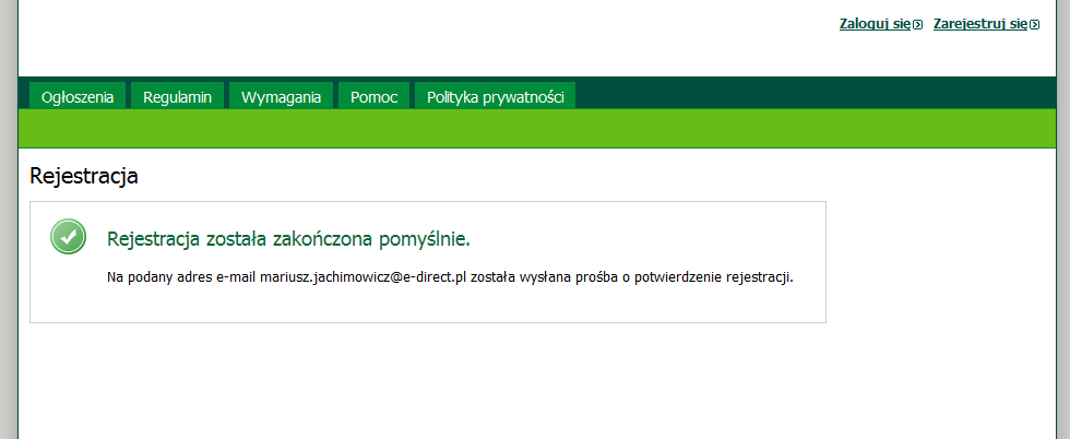 Wypełniony formularz rejestracyjny należy potwierdzić poprzez kliknięcie przycisku Potwierdzam.