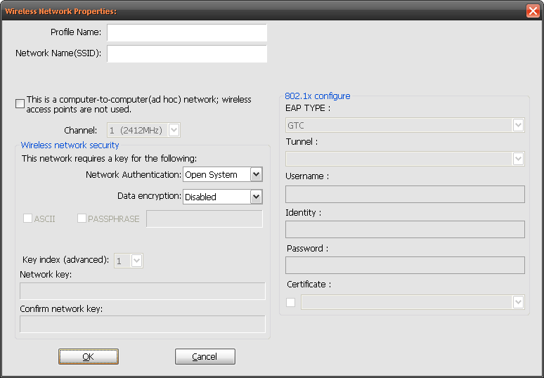 Okno Wireless Network Properties To okno umożliwia skonfigurowanie parametrów sieci, które będą zapisane w profilu. Opcje podstawowe Profile Name nazwa profilu, która będzie wyświetlana na liście.