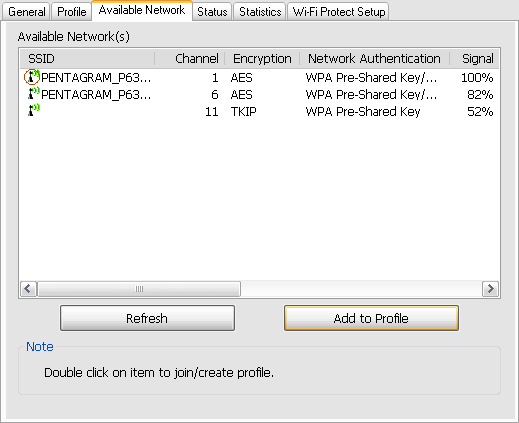 [Station] Zakładka Available Network Zakładka ta umożliwia wyszukiwanie sieci bezprzewodowych znajdujących się w zasięgu pracy karty, podłączanie się do tych sieci a także tworzenie profilu na