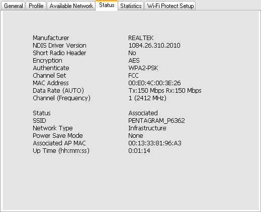 [Station] Zakładka Status PENTAGRAM hornet Wi-Fi USB [P 6132-11] Na tej zakładce wyświetlane są informacje o aktualnym stanie karty bezprzewodowej oraz nawiązanego połączenia z siecią bezprzewodową.