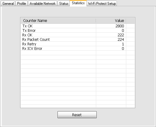 [Station] Zakładka Statistics Na tej zakładce wyświetlane są statystyki dotyczące wysyłania (Tx) i odbierania (Rx) danych. Tx OK ramki wysłane poprawnie. Tx Error ramki wysłane z błędem CRC.