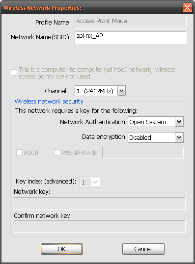 Okno Wireless Network Properties PENTAGRAM hornet Wi-Fi USB [P 6132-11] To okno umożliwia skonfigurowanie parametrów tworzonej przez kartę sieci bezprzewodowej.