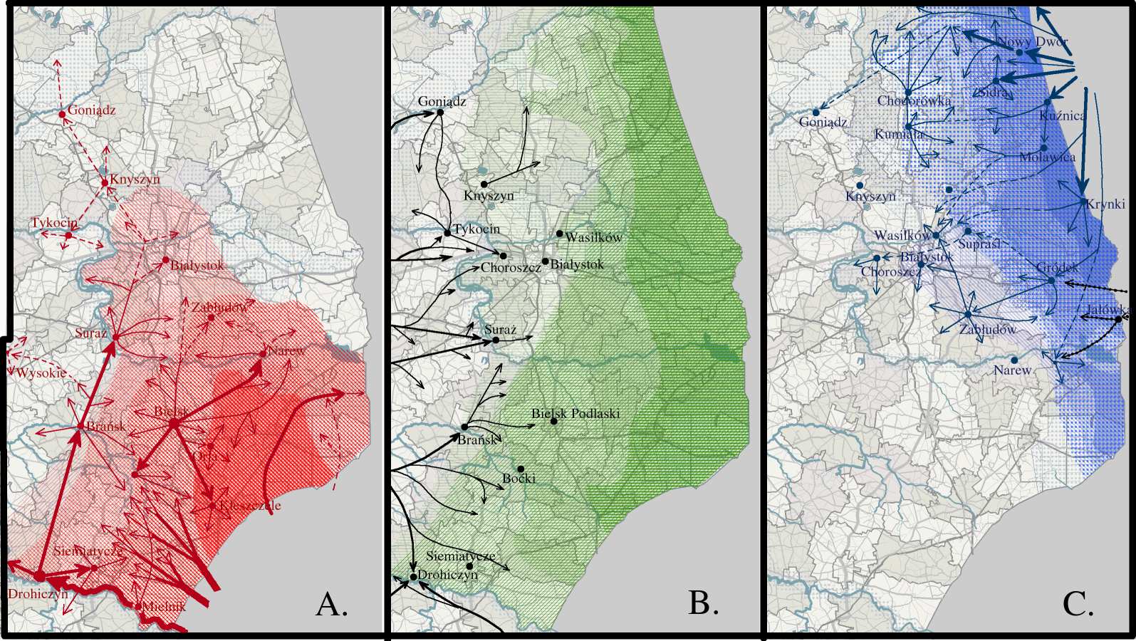 3.4. WNIOSKI Z WSTEPNYCH ANALIZ 41 Rysunek 3.4.1. Obszar województwa i zróżnicowanie etniczne Mapy A-C: Zróżnicowanie etniczne.