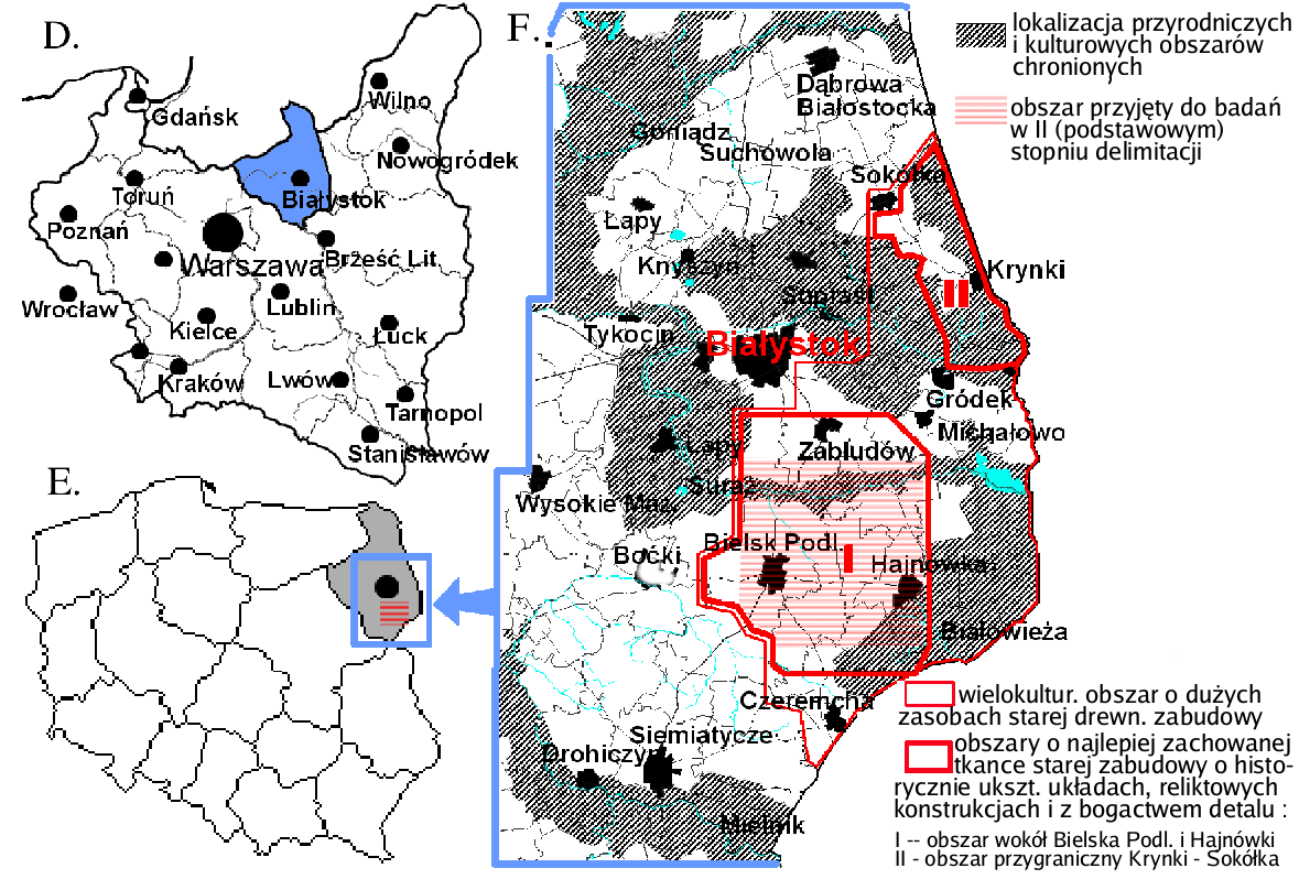 .. Mapa A- s lownictwo po ludnioworuskie, zwiazane z kolonizacja ruska ordyńsko-brzeska; B- s lownictwo ruskie (raster) i zasieg osadnictwa mazowieckiego (czarne strza lki); C- formy