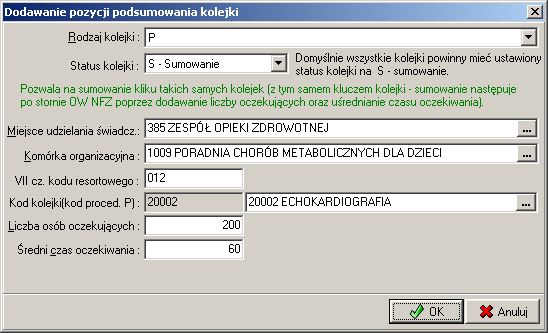 1. Raporty obowiązujące w 2006 roku 2. Opcje (Ctrl+O) : Rys. 21. Okno: Dodawanie pozycji podsumowania kolejki kolejka typu P.