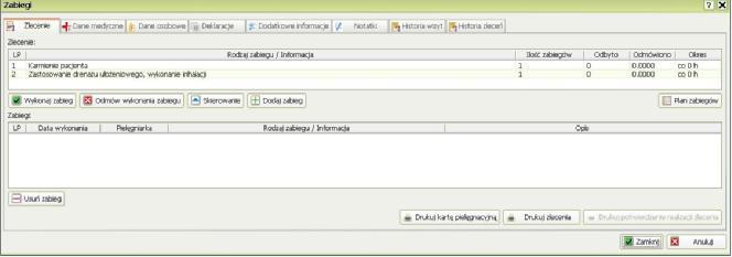 W części Zlecenie widoczna jest lista zabiegów, które mają byd wykonane w ramach zlecenia.