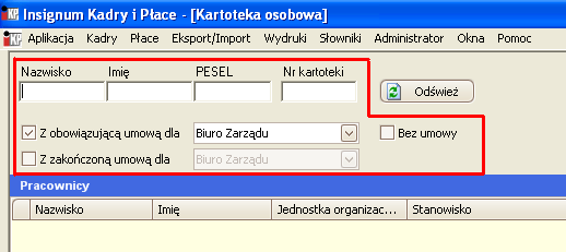 Rozpoczęcie pracy z programem Rys. Filtry w oknie Kartoteka osobowa Najczęściej wykorzystywane przyciski W oknach programu wyświetlane są różnorodne dane.