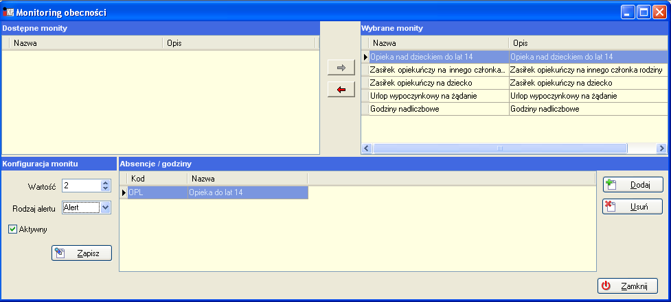 Czas pracy Rys. Konfiguracja monitów wymiarów absencji Po lewej stronie okna wyświetlone są dostępne monity. Monity z dostępnych do wybranych przenosi się przy pomocy przycisku.