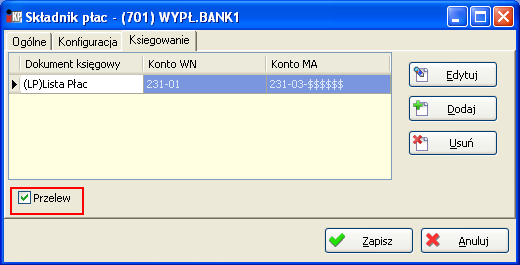 Wynagrodzenia Rys. Opcja Grupowanie Składniki typu Do wypłaty posiadają na zakładce Księgowanie dodatkowo znacznik Przelew. Zaznaczenie tej flagi pozwala wygenerować przelew.