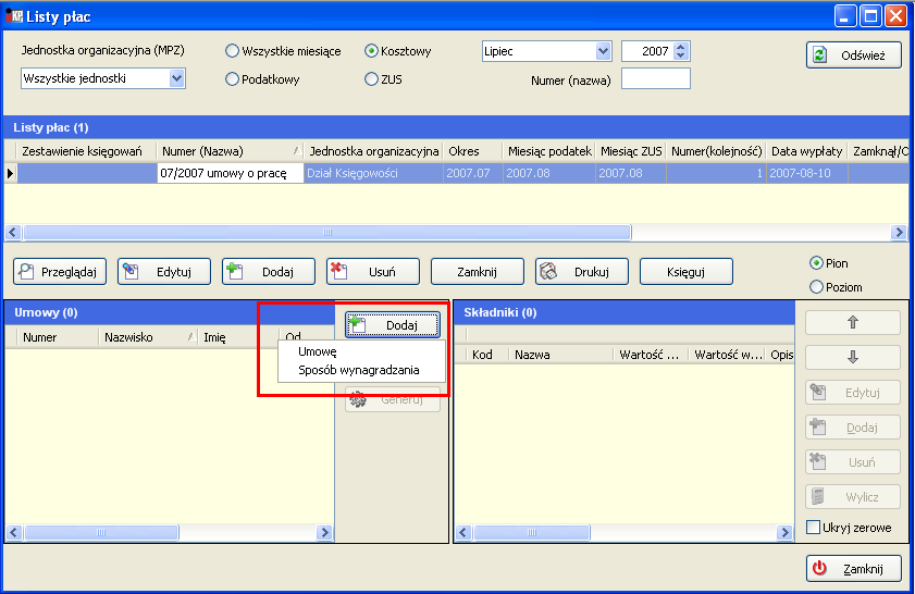Wynagrodzenia Rys. Lista płac Dodawanie umów do listy płac Aby dodać do listy płac umowy należy kliknąć przycisk w części okna Umowy.