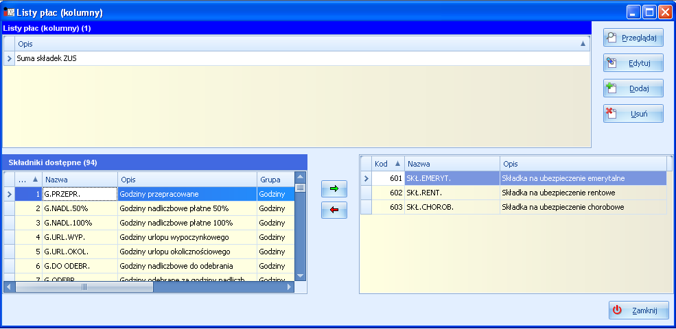 Wydruki Składniki dostępne (wszystkie składniki płacowe) Składniki wybrane do definiowanej kolumny Rys. Przypisywanie składników do kolumny W ten sposób można utworzyć dowolną ilość kolumn.