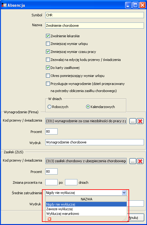 Wydruki Absencje wykluczane przy obliczaniu średniego zatrudnienia W słowniku absencji (Słowniki -> Absencje) istnieje możliwość określenia, w jaki sposób absencja ma być uwzględniana przy obliczaniu