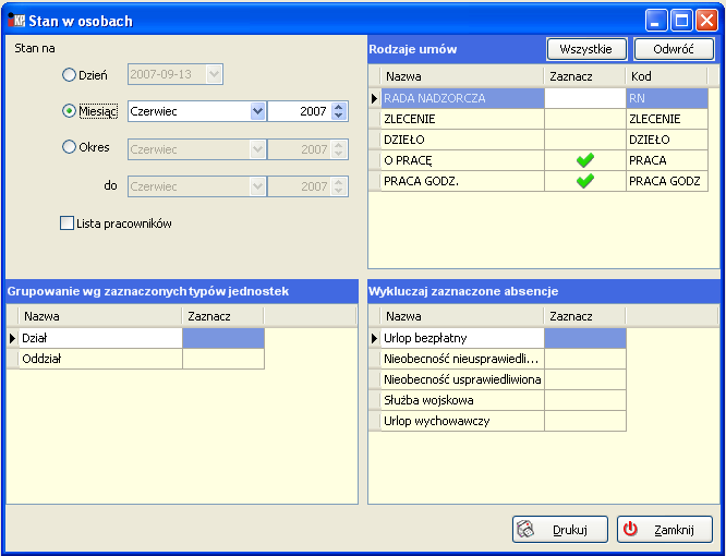 Wydruki Rys. Stan w osobach filtry Istnieje możliwość obliczenia stanu w osobach : - w wybranym dniu, miesiącu lub okresie (miesiącu od do) lewa górna część okna.
