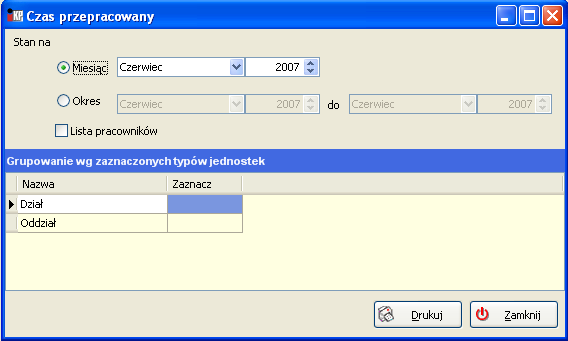 Wydruki Rys. Czas przepracowany - filtry Istnieje możliwość obliczenia czasu przepracowanego : - w wybranym miesiącu lub okresie (miesiącu od do) górna część okna.