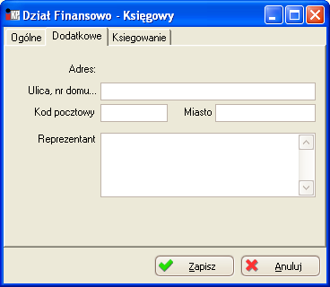 Firma Rys. Jednostka organizacyjna dane ogólne Druga zakładka zawiera adres jednostki i reprezentanta. Dane te należy wypełnić, jeżeli różnią się od danych znajdujących się w słowniku Dane firmy. Rys. Jednostka organizacyjna dane dodatkowe Trzecia zakładka zawiera parametry księgowania jednostki.