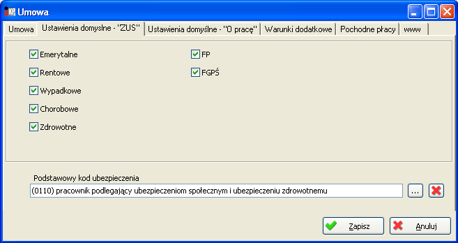 Firma Rys. Umowa o pracę Na drugiej zakładce Ustawienia domyślne - ZUS można określić, które składki oraz jaki kod tytułu ubezpieczenia będą domyślnie zaznaczone przy dodawaniu nowej umowy. Rys. Umowa o pracę ustawienia ZUS Na trzeciej zakładce Ustawienia domyślne O pracę można wybrać koszty uzyskania przychodu jakie będą domyślnie zaznaczone przy dodawaniu nowej umowy.