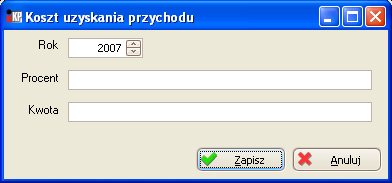 Firma Rys. Słownik kosztów uzyskania przychodu Rys. Dodawanie danych w słowniku kosztów uzyskania przychodu Słownik zawiera koszty zryczałtowane, np.