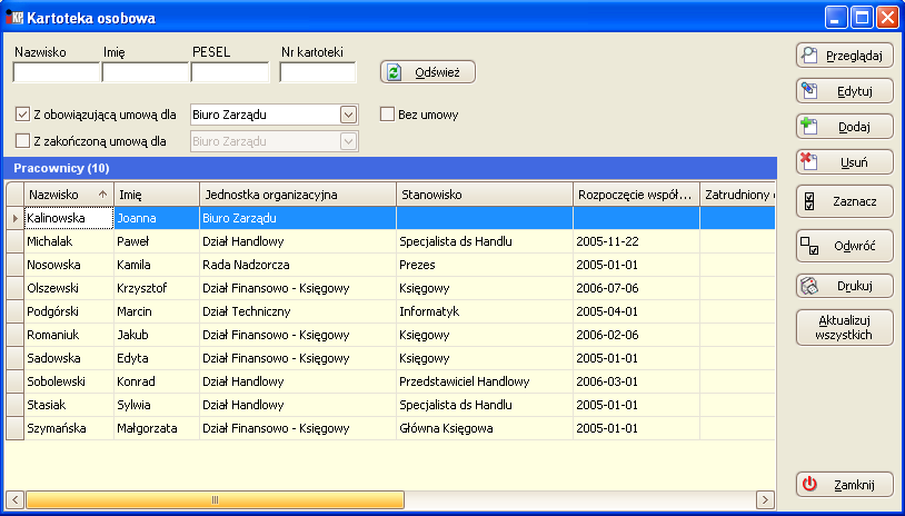 Pracownicy Pracownicy Kartoteka osobowa Dane pracownika przechowywane są w kartotece osobowej. Kartoteka zawiera dane wszystkich osób, niezależnie od typu umowy (a więc również np. zleceniobiorców).