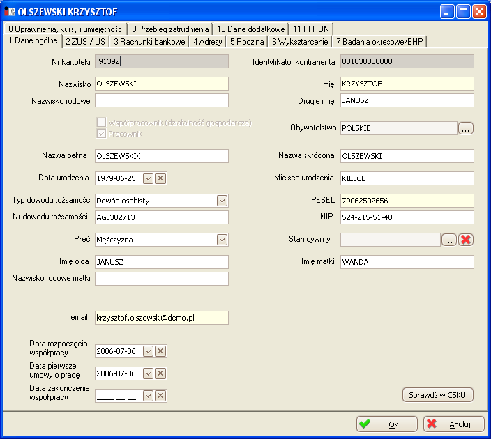 Pracownicy Rys. Kartoteka osobowa dane ogólne Nr kartoteki jest nadawany automatycznie. Identyfikator kontrahenta jest również nadawany automatycznie i jest wspólny dla wszystkich modułów tzn.