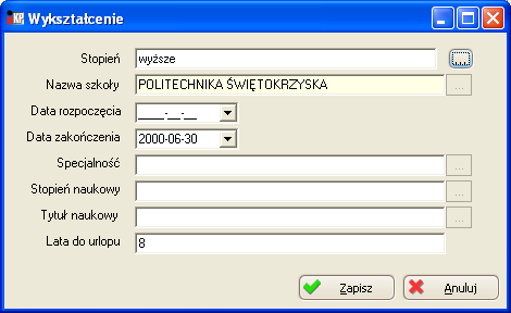 Pracownicy Zakładka 6 Wykształcenie Zakładka zwiera dane o wykształceniu pracownika. Rys.