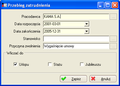 Pracownicy Zakładka 9 Przebieg zatrudnienia Zakładka zawiera dane o poprzednim zatrudnieniu pracownika. Rys.