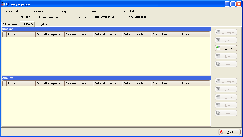 Pracownicy Rys. Kartoteka Umowy o pracę Rys. Umowy o pracę zakładka Umowy Zakładka Umowy podzielona jest na część Umowy i Aneksy. Aby dodać umowę o pracę, należy w części Umowy kliknąć przycisk.