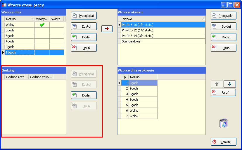Czas pracy Rys. Wzorce dnia Następnie podaje się nazwę wzorca dnia. Dzień wolny oznacza się flagą Wolny od pracy. Rys. Dodawanie wzorca dnia W lewej dolnej części okna do tworzonego wzorca dnia przypisuje się godziny.