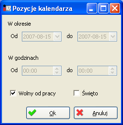 Czas pracy Pokazany zostanie kalendarz uwzględniający czas pracy według przypisanego wzorca. W dniach będących dniami pracy pokazana jest ilość godzin pracy. Święta zaznaczone są kolorem czerwonym.