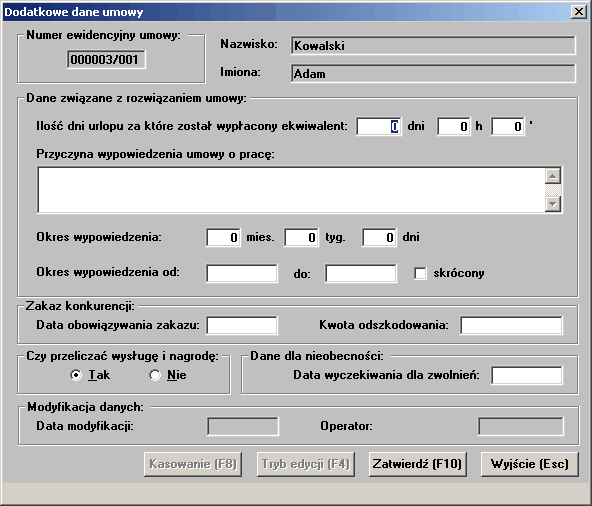 2.5.9 Umowa dane dodatkowe Opcja ta jest dostępna z poziomu menu operacji, które można wykonywać dla umów poprzez pozycję menu Dodatkowe (wprowadzenia dodatkowych danych umowy związanych z jej