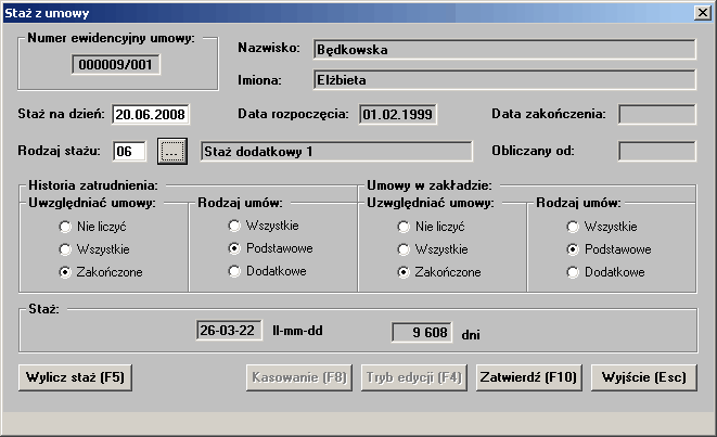 Data wyliczania - data, na którą ma zostać wyliczona wartość stażu. Wstępnie w polu tym podpowiadana jest data, na którą przeglądane są informacje dotyczące umów.