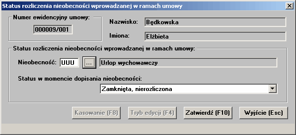 2.5.17 Status nieobecności dla Płac Jest to opcja systemu, która umożliwia zmianę dla wybranej umowy statusu nieobecności dla Płac jaki został wprowadzony dla danego typu nieobecności w słowniku