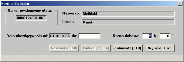 Po wybraniu opcji Nowy lub Dane na ekranie wyświetlane jest okno służące do przeglądania i modyfikowania danych dotyczących normy dobowej.