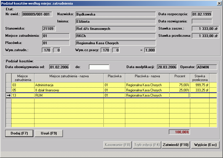 znajdują się następujące informacje: Numer ewidencyjny Nazwisko i imię pracownika Data rozpoczęcia Data rozwiązania Stanowisko Miejsce zatrudnienia Placówka Stawka zaszeregowania Stawka przeliczona