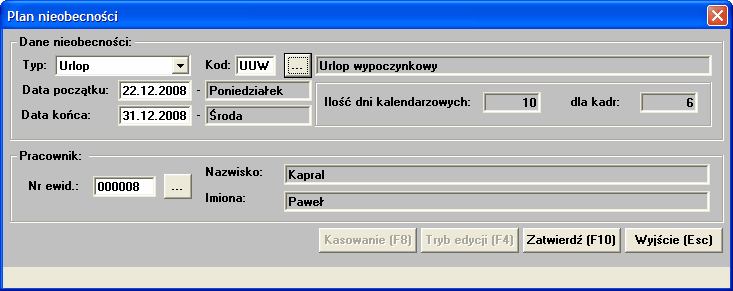 2.8.1 Dane pozycji W oknie służącym do przeglądania i modyfikowania danych planowanej nieobecności wprowadzane i wyświetlane są następujące dane: Typ typ nieobecności ( urlop, zwolnienie, inna ).