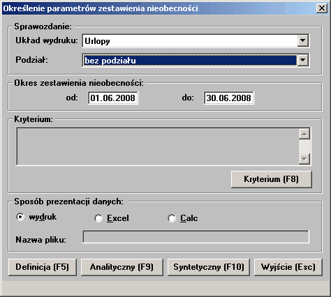 2.12.4 Zestawienie nieobecności Opcja ta służy do wydruku zestawienia zawierającego informacje o nieobecnościach wprowadzonych do systemu w podanym okresie.