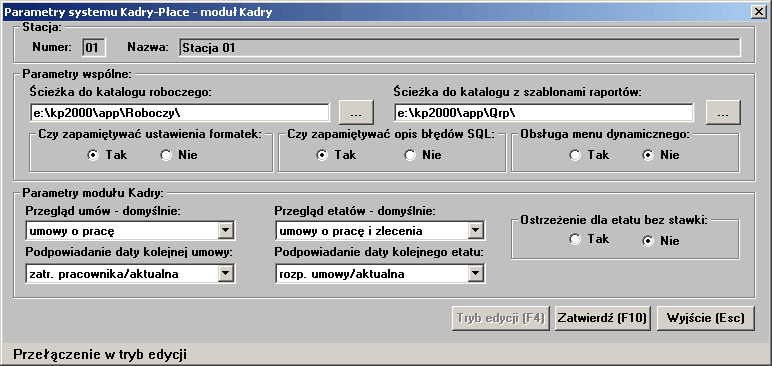 2.13.3 Konfiguracja stacji roboczej W module Kadry umożliwia ona definicję następujących parametrów stacji roboczej: Numer stacji roboczej numer stacji roboczej, której dane są modyfikowane Nazwa