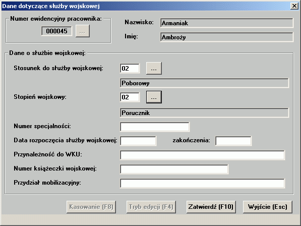 Stopień wojskowy stopień wojskowy (jeśli pracownik taki posiada) wprowadzony ze słownika Numer specjalności numer specjalności wojskowej pracownika Data rozpoczęcia sł.